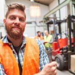 Man as a proud warehouse worker with a wrench
